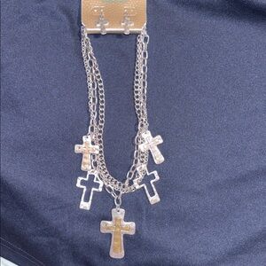 MIA Silver Cross Earrings and Chain Set